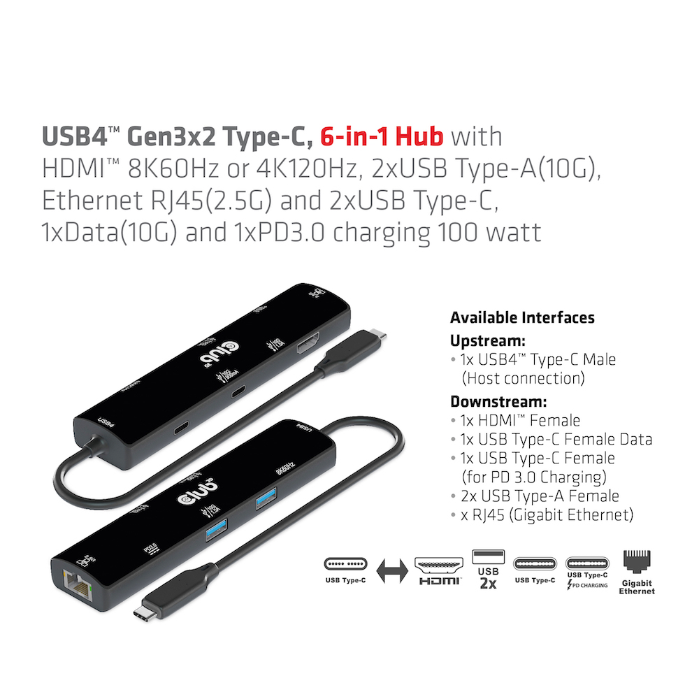 Club3D USB4 6-in1-HUB USB-C > HDMI/2xUSB/2xUSB-C/RJ45 100W retail