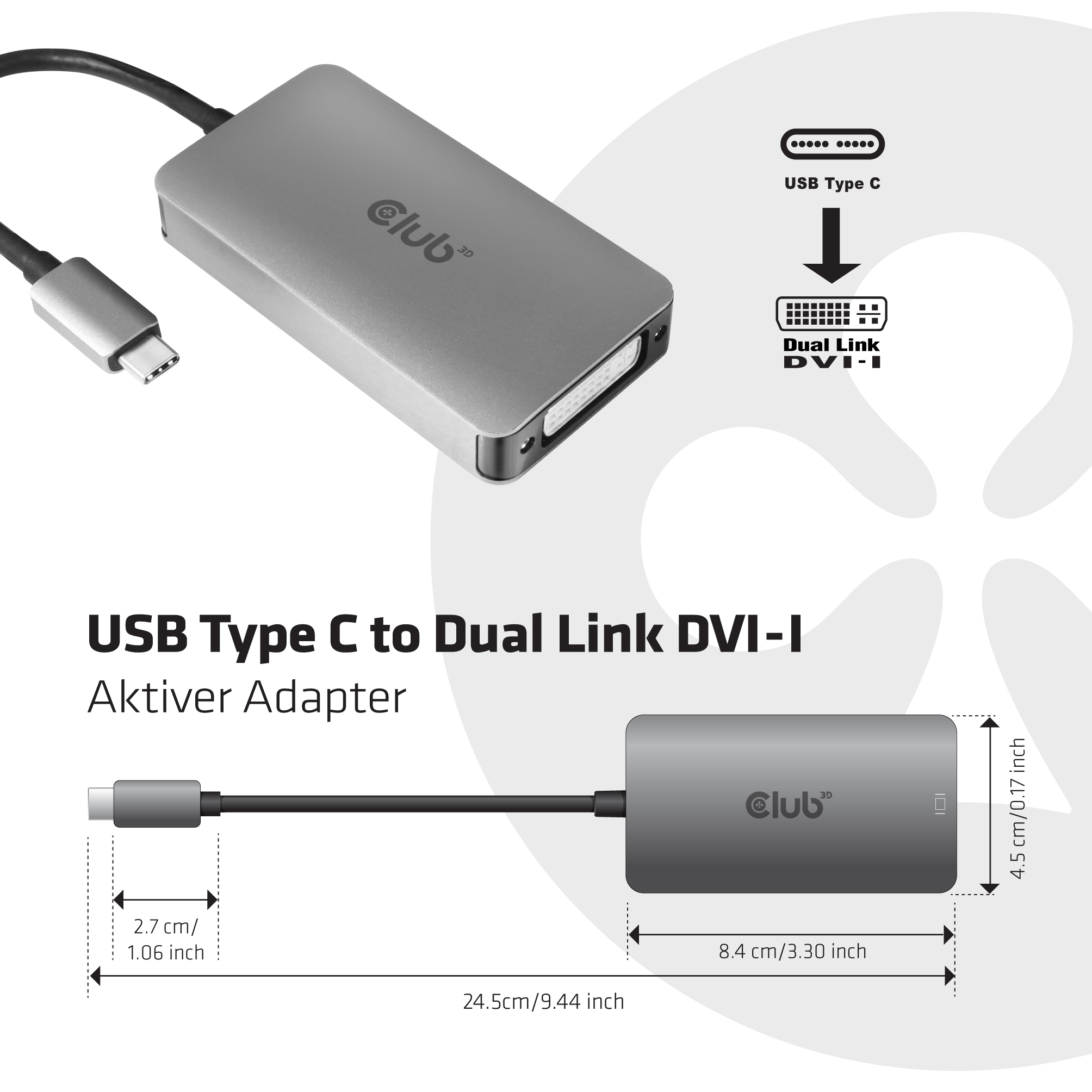 Club3D Adapter USB 3.2 Typ C > DVI-D aktiv St/Bu retail