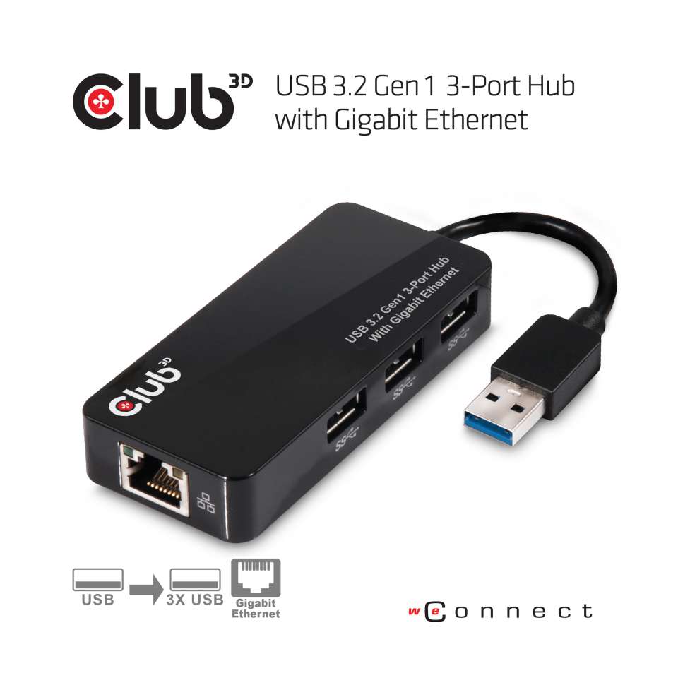 Club3D Adapter USB 3.0 Typ A > 3x USB 3.0 Typ A/LAN retail